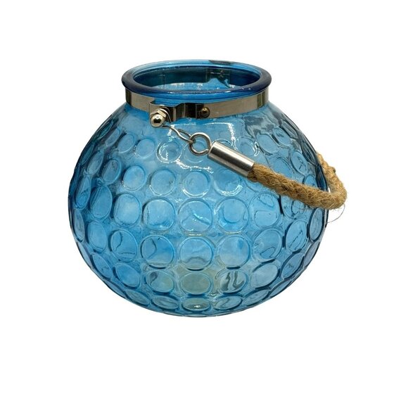 Blue Bubble Glass Hanging Candle Holder With Metal & Rope Handle - Picture 9 of 14